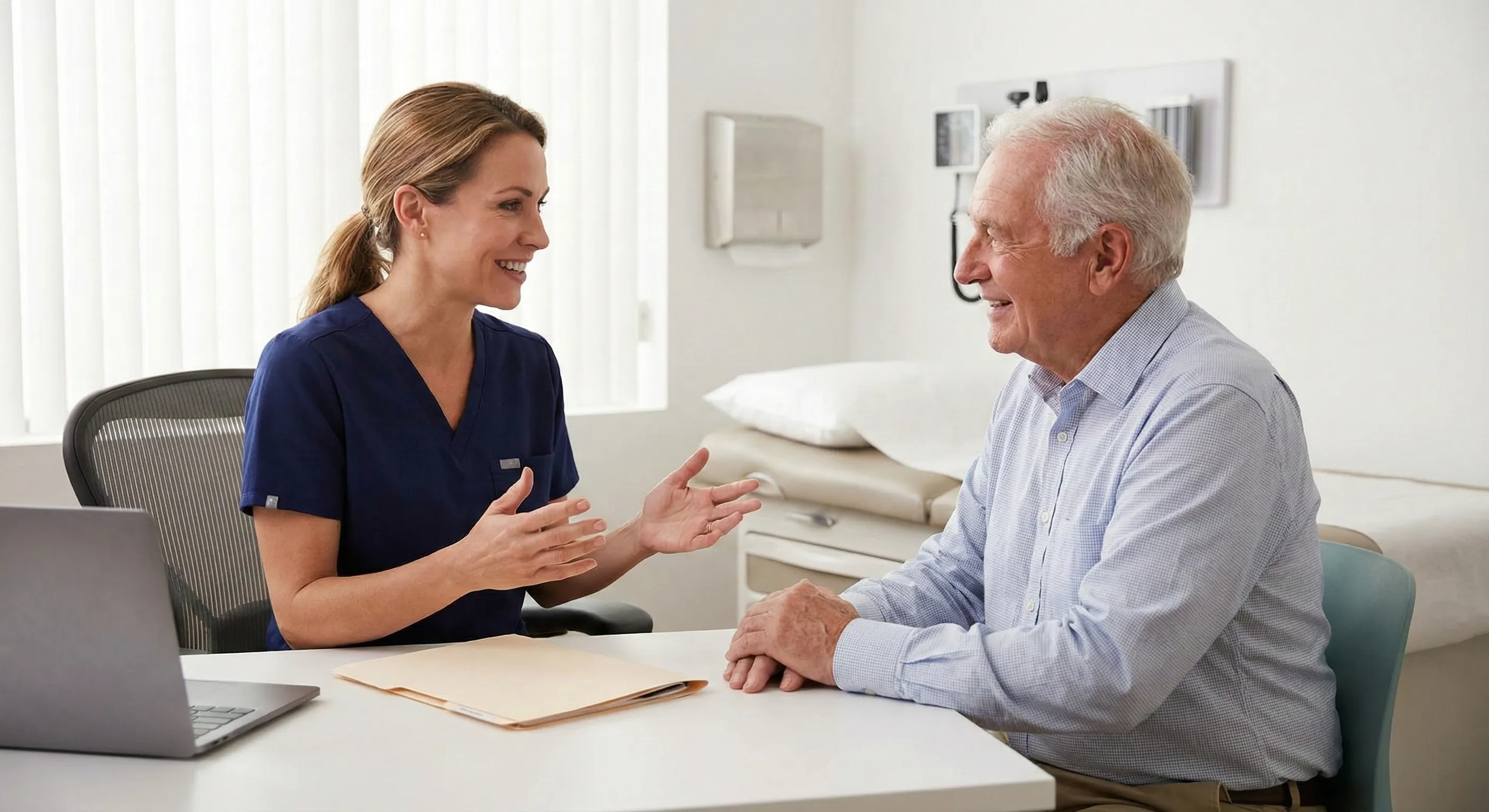 A warm, professional interaction between a healthcare provider and an elderly patient during a wellness visit