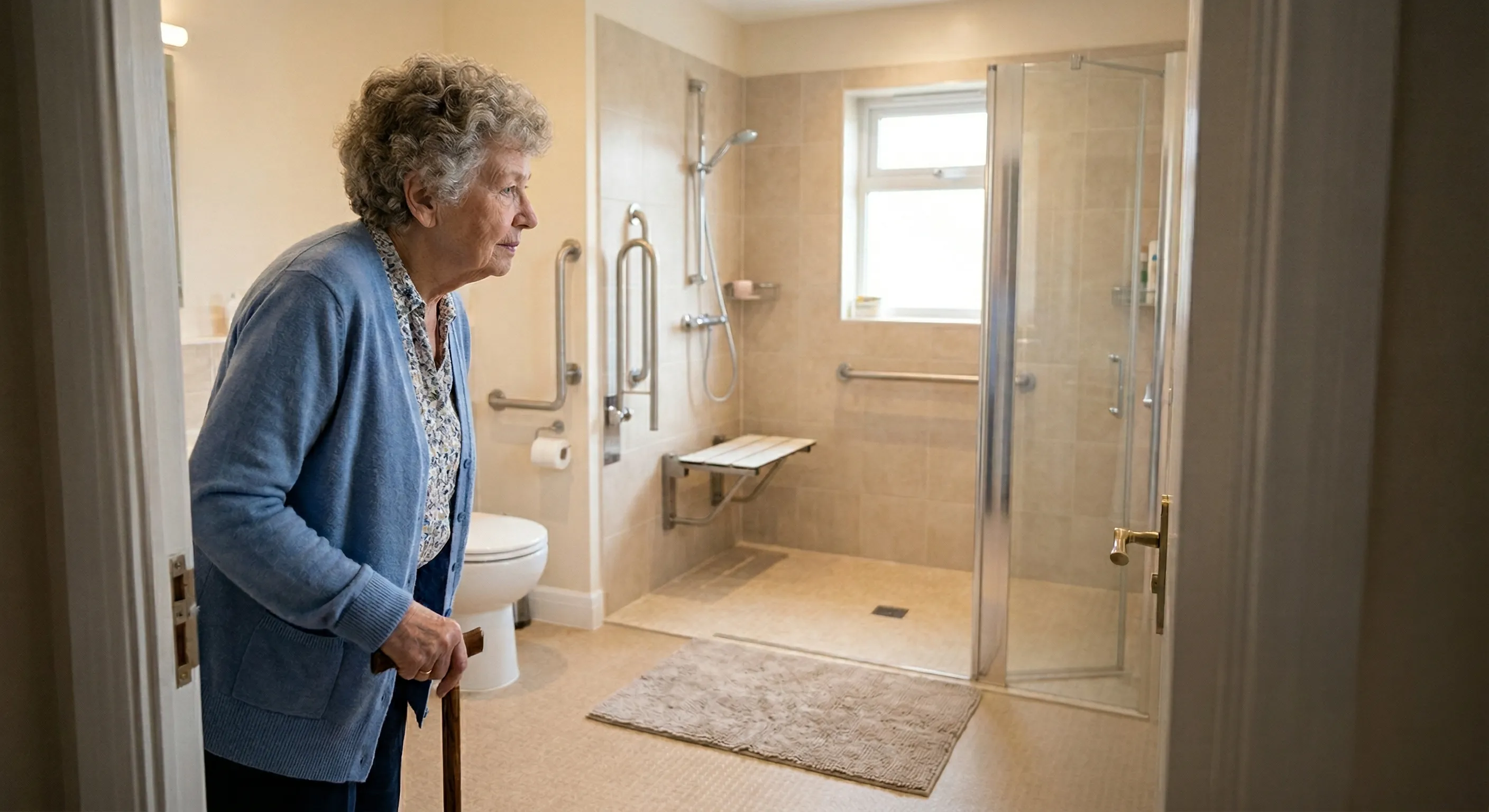 A senior's bathroom showing common fall hazards like a slippery floor and lack of grab bars near the bathtub