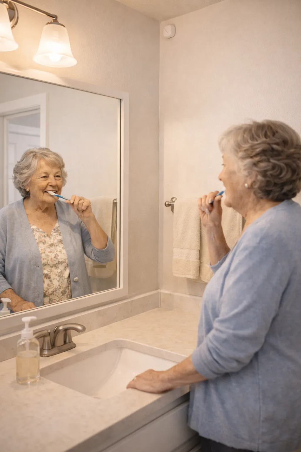 Clean bathroom with small motion sensor in upper corner near ceiling