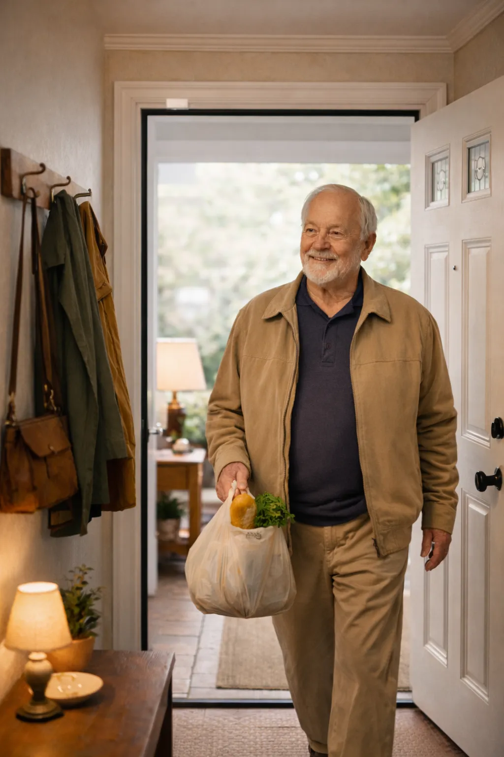 Front door with tiny wireless contact sensor at top of door frame