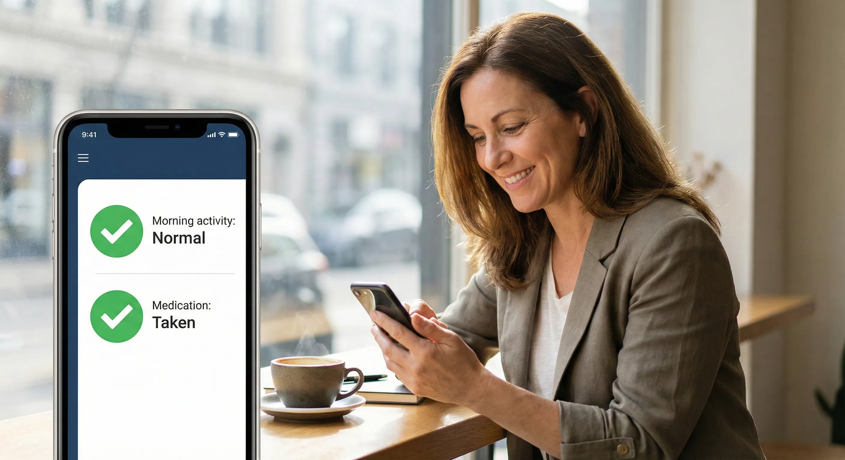 Adult daughter checking phone with relieved smile — StillWell monitoring app showing green status indicators