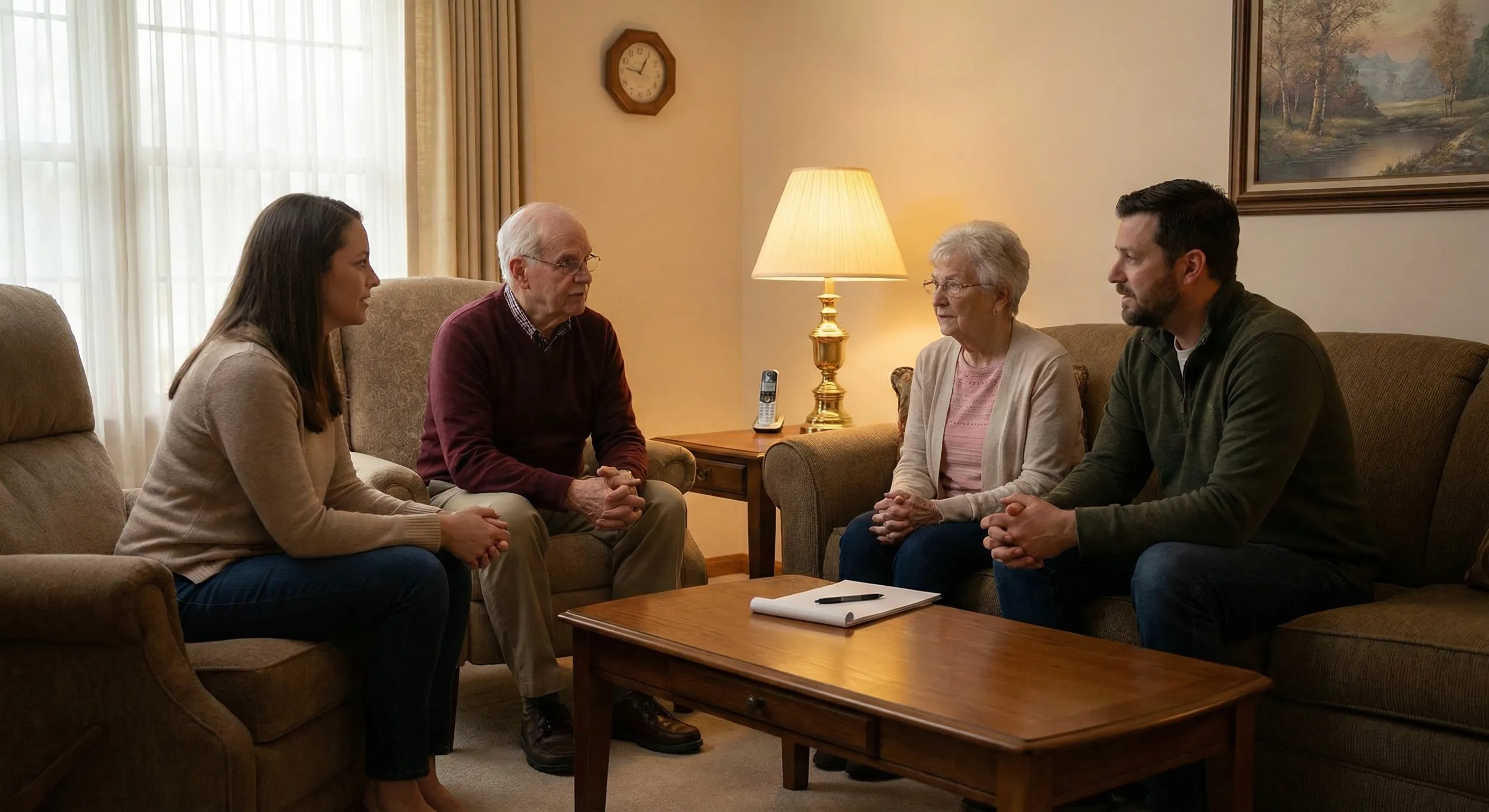 An adult child sitting with their elderly parent at the kitchen table, having a calm and caring conversation