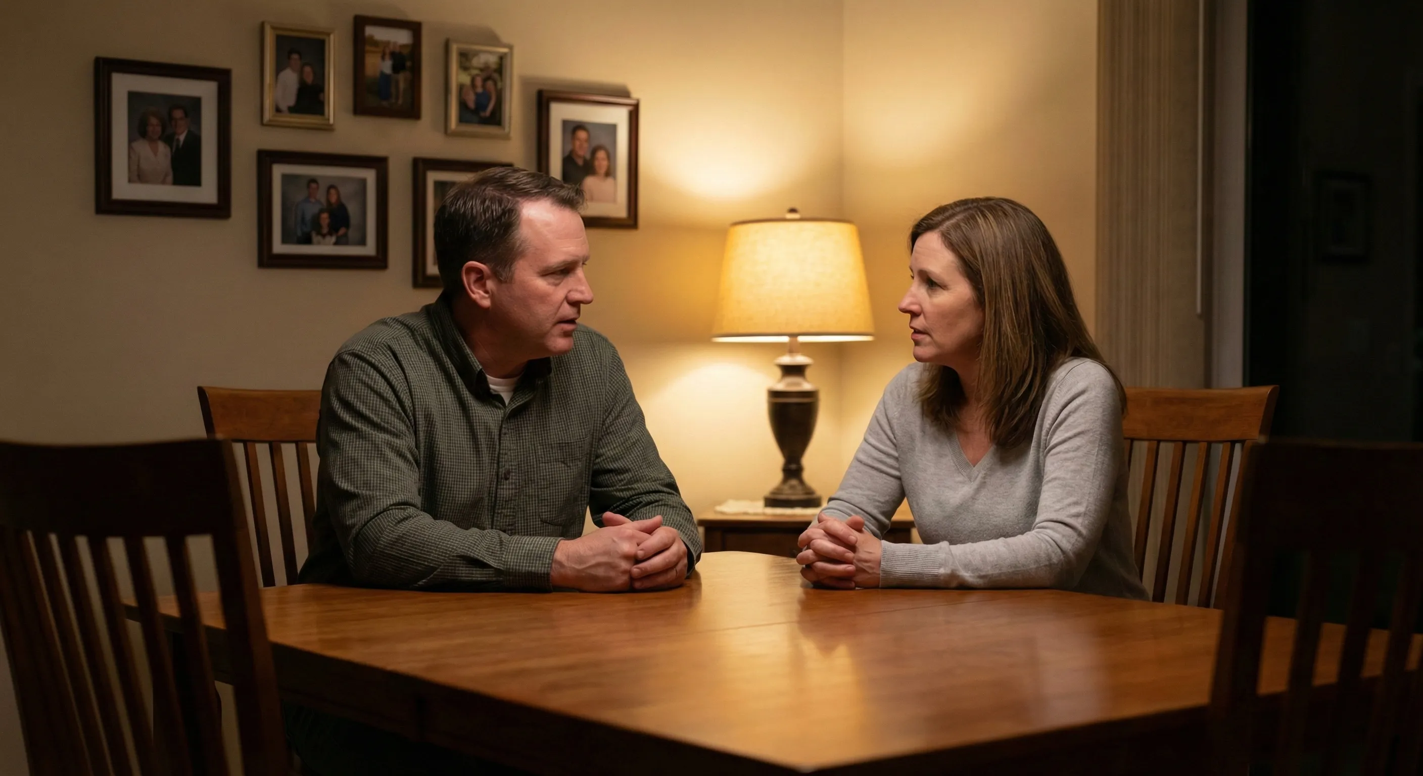 Two adult siblings sitting at a dining table, leaning in and talking seriously but calmly about an important family matter