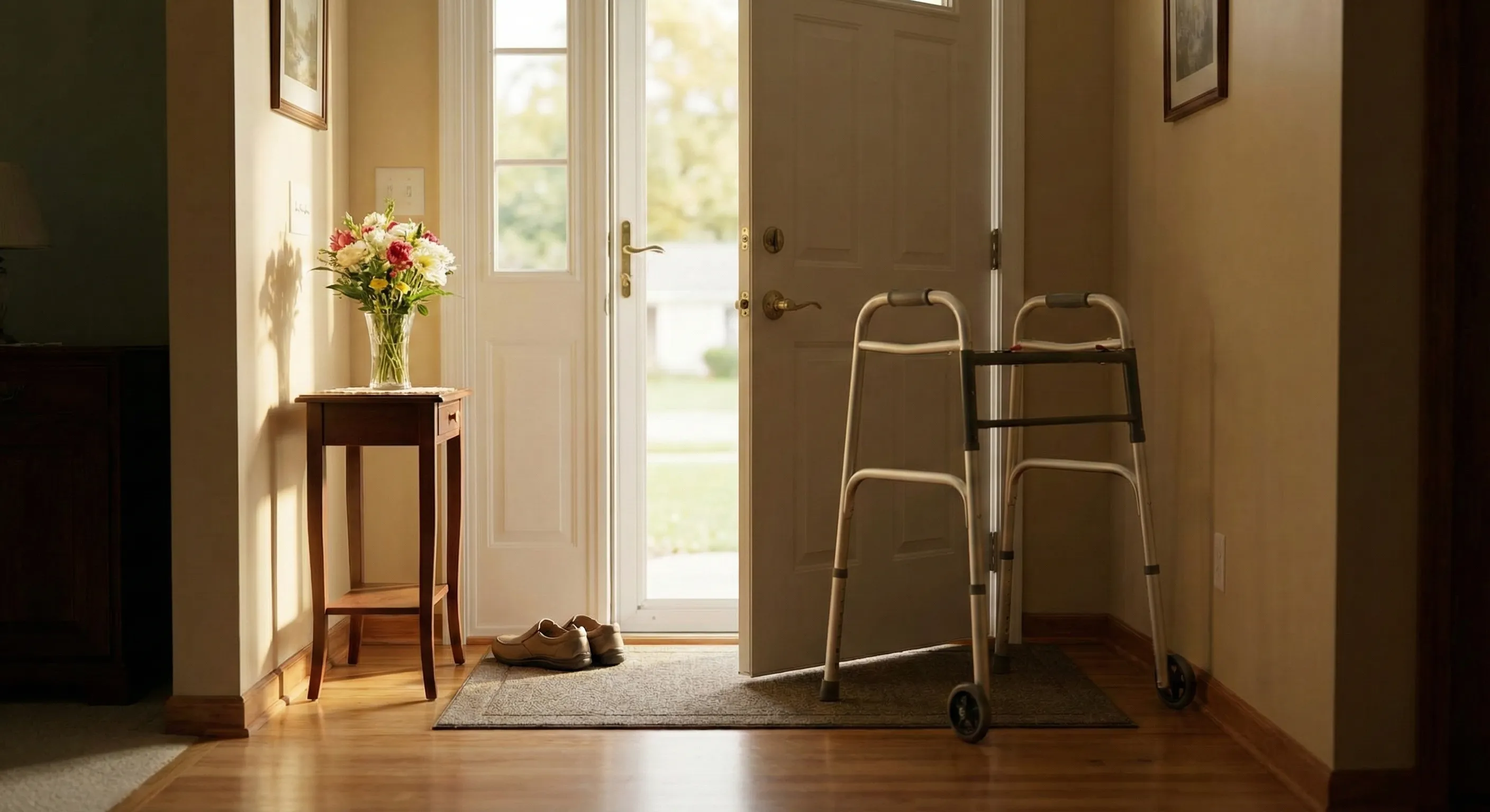 A modest entryway of a well-kept senior's home with a walker near the door and fresh flowers, suggesting someone has just returned home