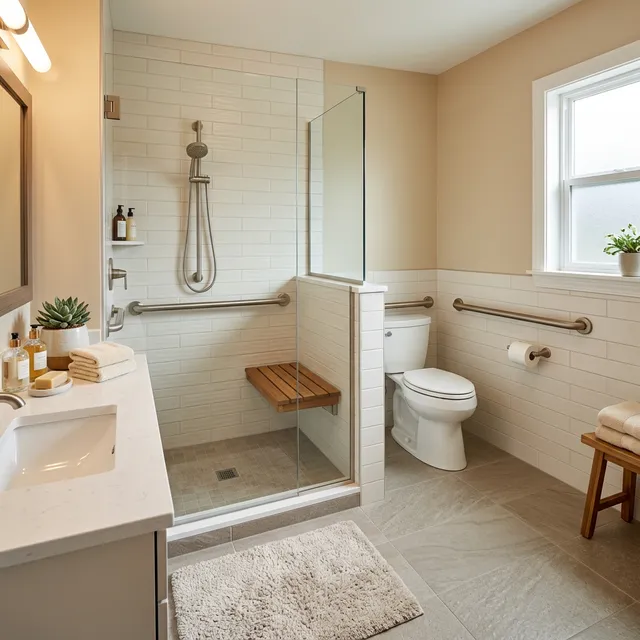 A senior-accessible bathroom with professionally installed grab bars, walk-in shower with bench, and non-slip flooring