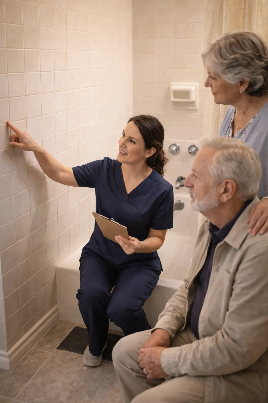 Nurse conducting a safety walkthrough assessment in a family home