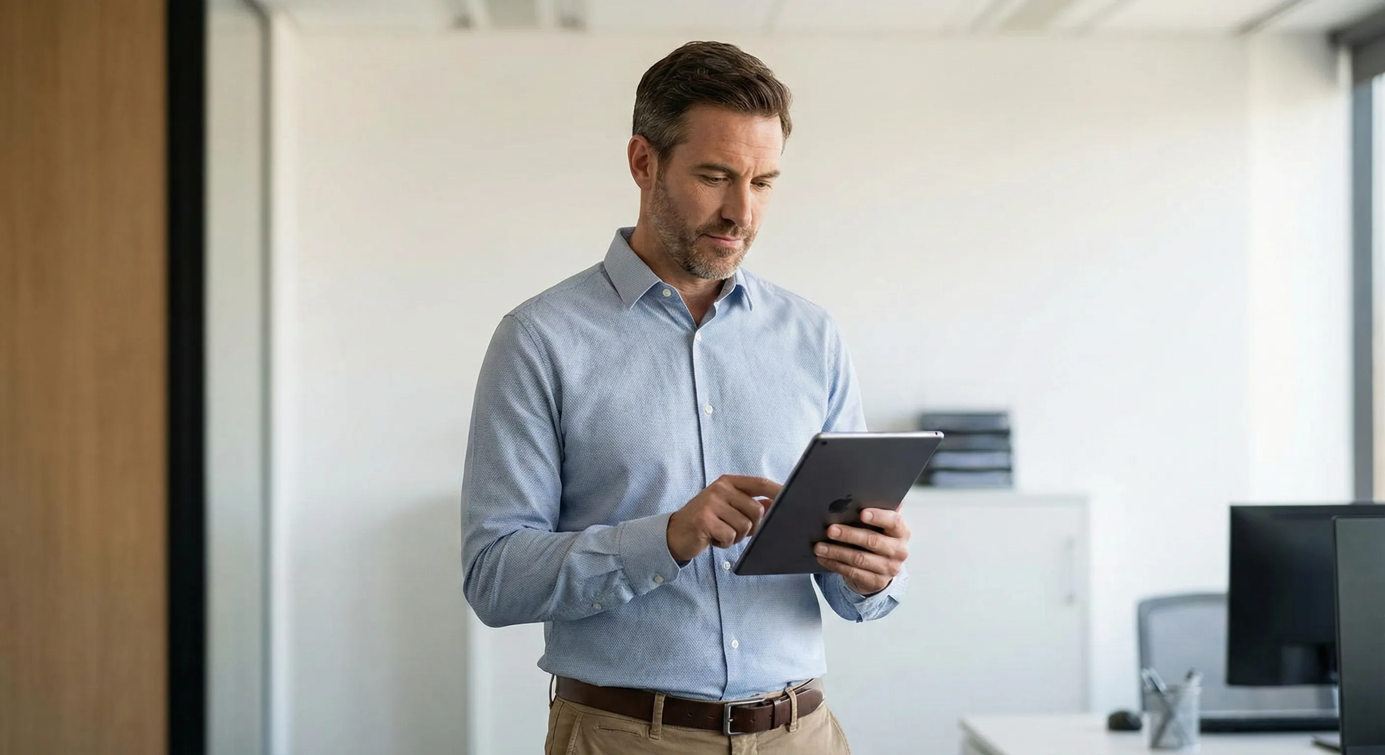A healthcare provider reviewing patient data on a tablet in a modern clinical office setting