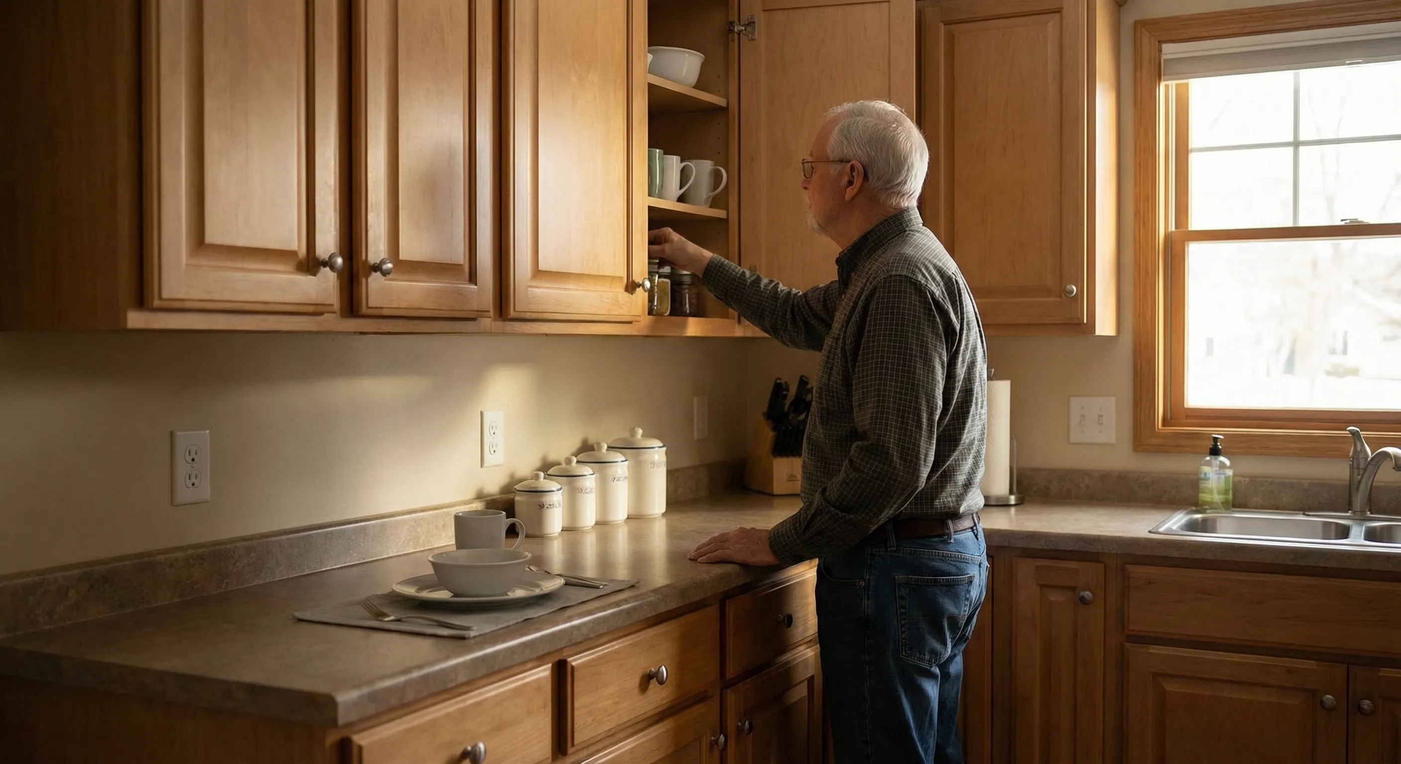 A senior man standing in his kitchen, reaching into a well-organized cabinet, conveying quiet independence and self-sufficiency